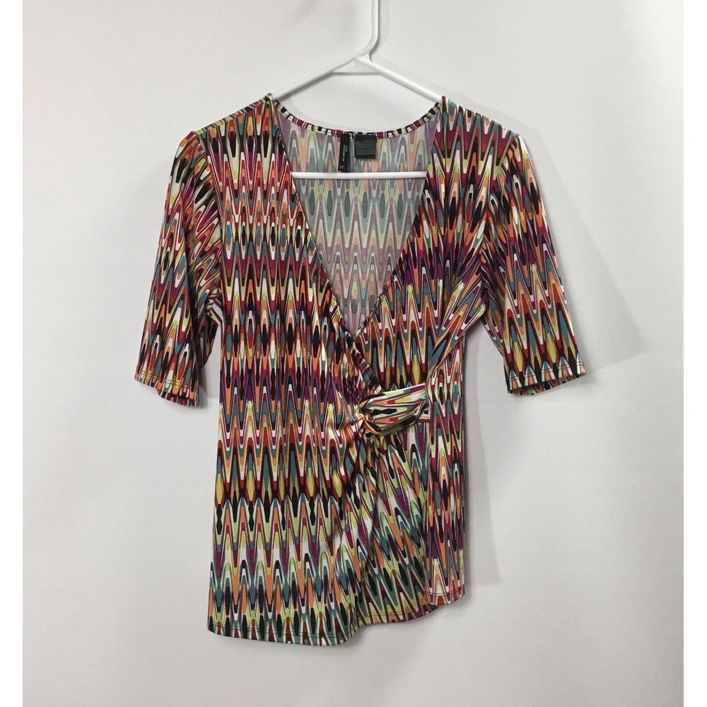 New Directions blouse Womens multicolor Print gold buckle Size PM Petite Med